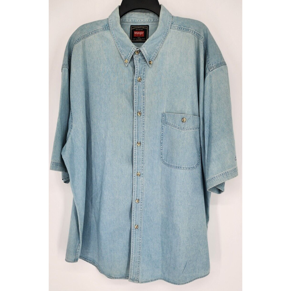 Wrangler Men's Hero Shirt Size 2XL Denim Chambray Button Up Short Sleeve Logo